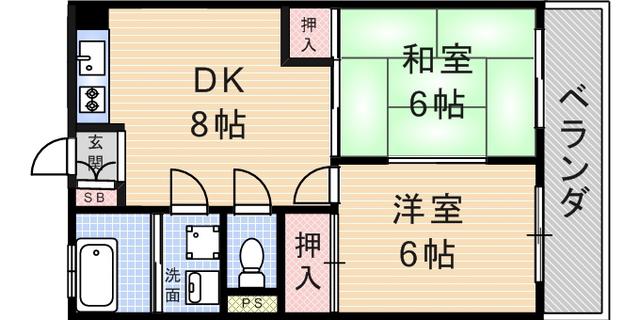 グランディア武庫之荘(2DK/4階)の間取り写真