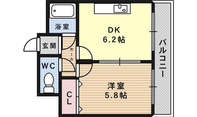 大阪市営谷町線 出戸駅 徒歩2分 6階建 築33年(1DK/2階)の間取り写真