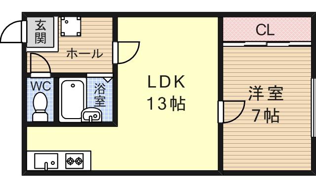 大阪市営千日前線 南巽駅 徒歩4分 4階建 築61年(1LDK/2階)の間取り写真