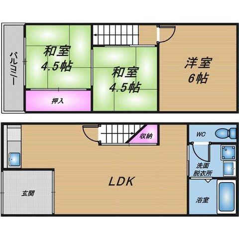 近鉄南大阪線 矢田駅(大阪) 徒歩7分 2階建 築101年(3LDK)の間取り写真