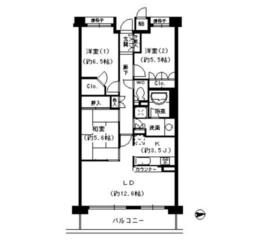 甲子園六石町ハイツ(3LDK/3階)の間取り写真