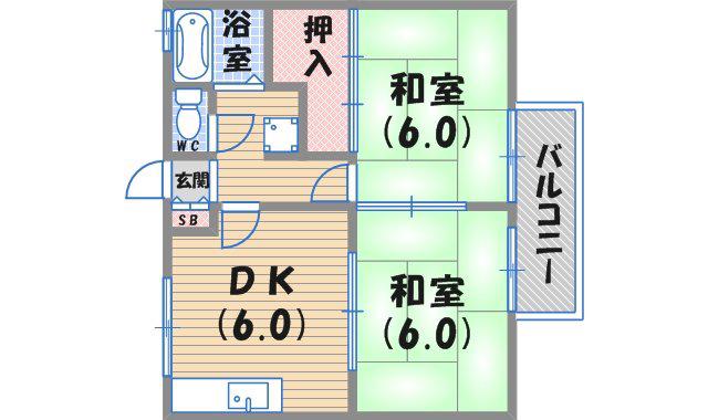 サニーハイツ学文殿(2DK/2階)の間取り写真