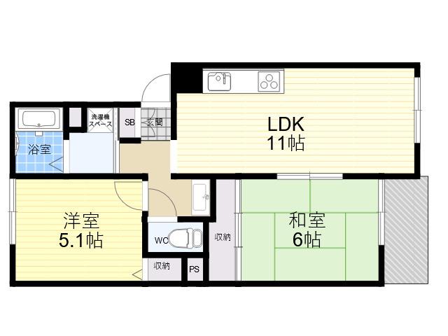 岡田山ハイツ B棟(2LDK/1階)の間取り写真