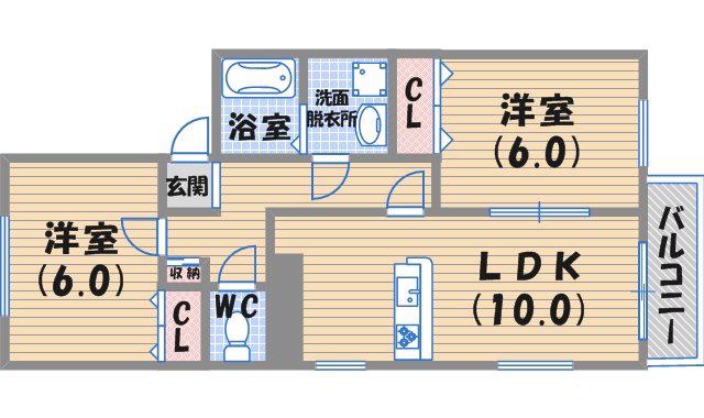 バウムライエ甲風園(2LDK/2階)の間取り写真