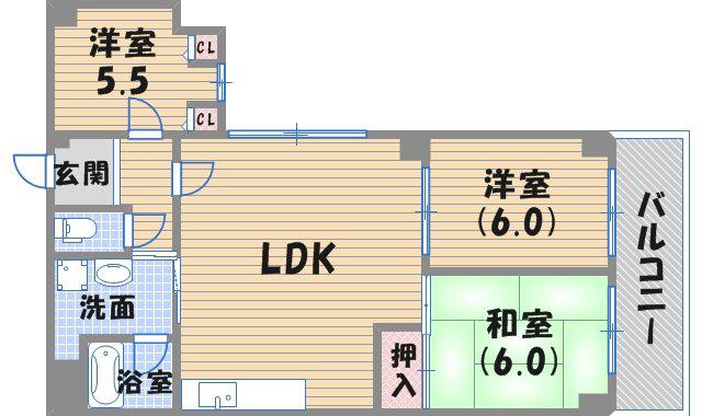 ロイヤル西宮北口(3LDK/3階)の間取り写真