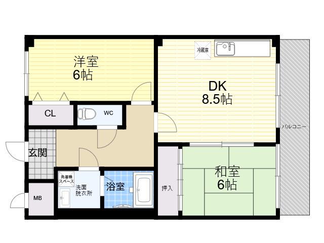 ロードハイツ甲東園(2DK/3階)の間取り写真