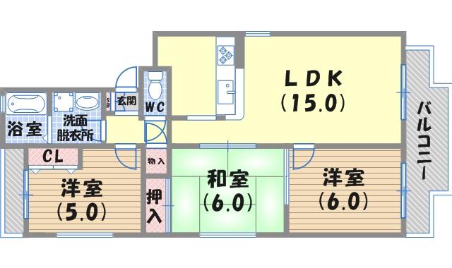 サンハイツ若草西(3LDK/2階)の間取り写真