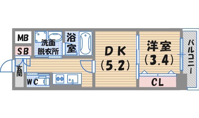 西宮北口プライマリーワンガーデンテラス(1DK/5階)の間取り写真