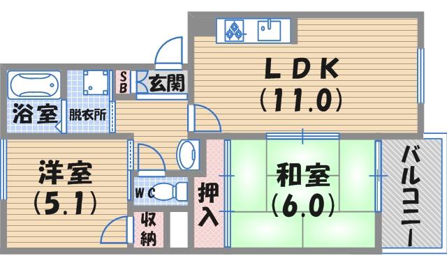 岡田山ハイツA(2LDK/1階)の間取り写真