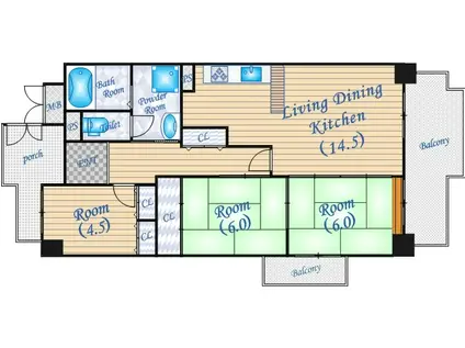 扇町コーポ(3LDK/11階)の間取り写真
