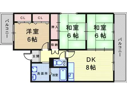 グローバル利倉(3LDK/2階)の間取り写真