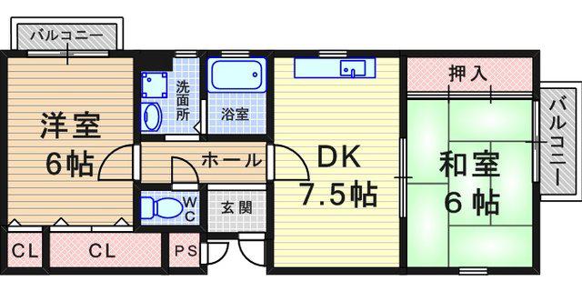 エスポワール武庫之荘北5(2DK/2階)の間取り写真