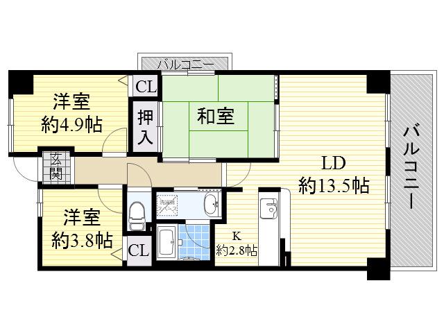 インプルーブ緑地公園(3LDK/9階)の間取り写真