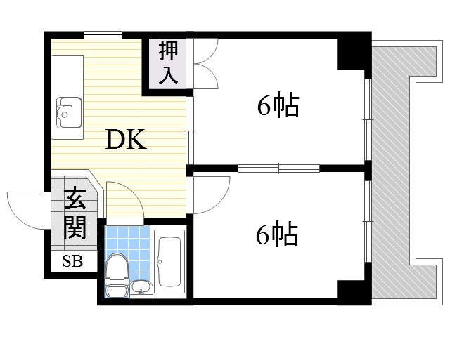 東三国グランドハイツ北(2DK/6階)の間取り写真