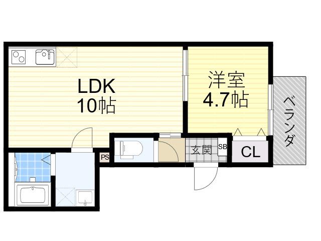 吹田市豊津(1LDK/2階)の間取り写真