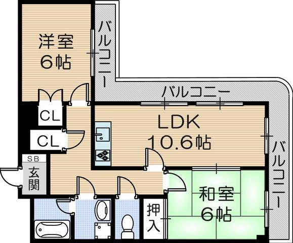 ソシア武庫川(2LDK/3階)の間取り写真