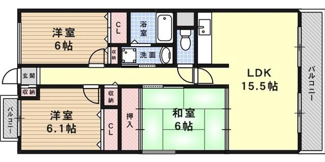 フォリア岡本(3LDK/3階)の間取り写真