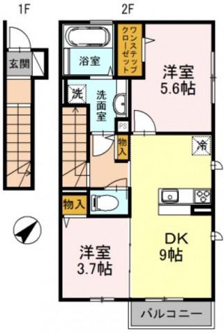 グランデディーオ A棟(2DK/2階)の間取り写真