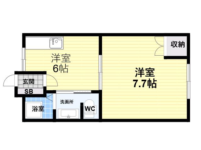 岡本梅林6号棟(1DK/2階)の間取り写真