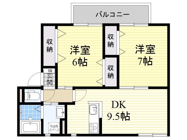 カーサジュネスB棟(2DK/2階)の間取り写真
