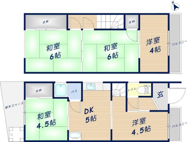近鉄けいはんな線 新石切駅 徒歩8分 2階建 築61年(5DK)の間取り写真