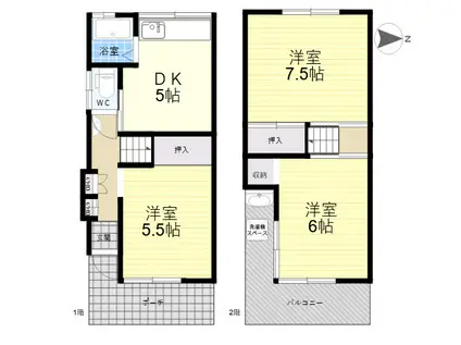 近鉄奈良線 瓢箪山駅(大阪) 徒歩26分 2階建 築47年(3DK)の間取り写真