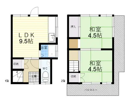 近鉄奈良線 額田駅(大阪) 徒歩4分 2階建 築59年(2LDK)の間取り写真