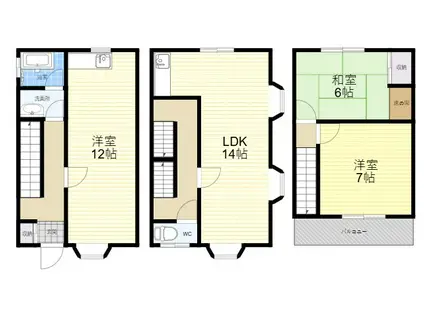 近鉄奈良線 瓢箪山駅(大阪) 徒歩21分 3階建 築40年(3LDK)の間取り写真