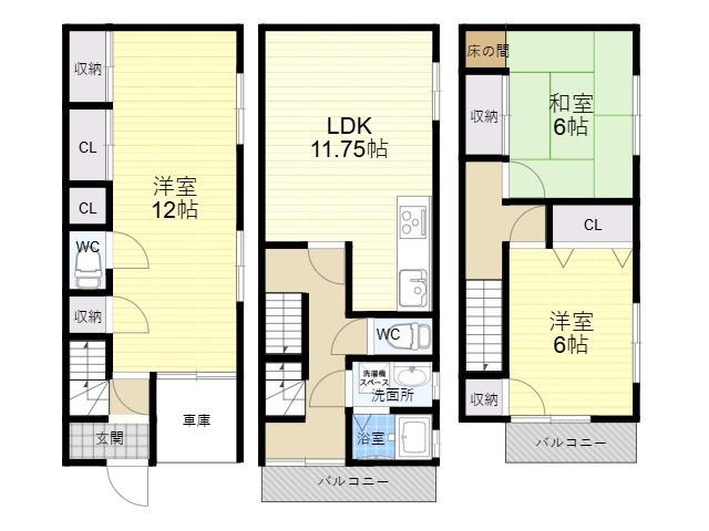 近鉄けいはんな線 新石切駅 徒歩26分 3階建 築33年(3LDK)の間取り写真