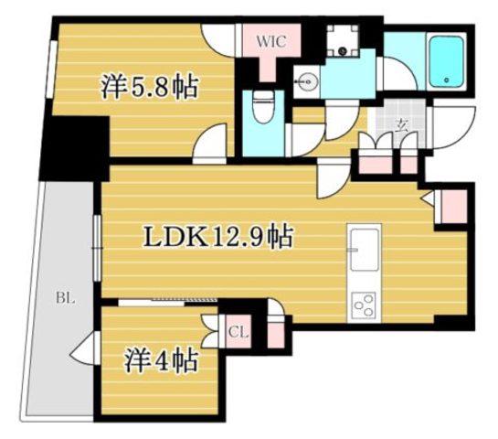 レーベン福岡天神ONE TOWER(2LDK/7階)の間取り写真