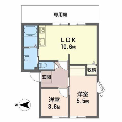 バンブーパインハイツB(2LDK/1階)の間取り写真