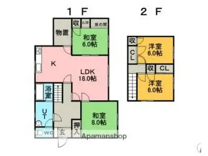 JR千歳線 北広島駅 バス乗車時間：16分 西五線通バス停で下車 徒歩1分 2階建 築49年(4LDK)の間取り写真