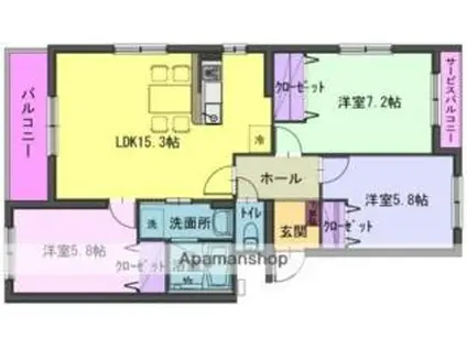 ラフィネ上野(3LDK/2階)の間取り写真