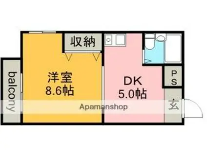 名鉄小牧線 牛山駅 徒歩8分 4階建 築34年(1DK/4階)の間取り写真