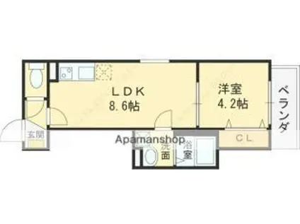 近鉄奈良線 若江岩田駅 徒歩5分 3階建 築1年(1LDK/3階)の間取り写真