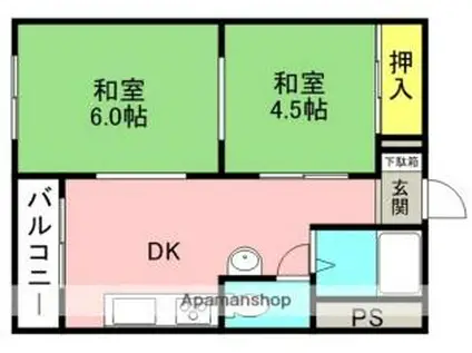 JR東海道・山陽本線 高槻駅 徒歩7分 6階建 築51年(2DK/1階)の間取り写真