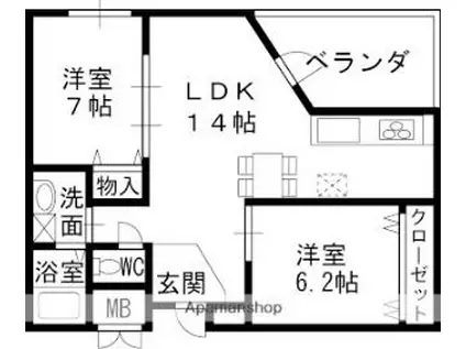 阪急京都本線 高槻市駅 徒歩9分 4階建 築20年(2LDK/1階)の間取り写真