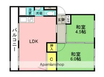 御殿山コーポA棟(2LDK/4階)の間取り写真