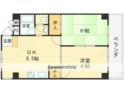 大阪メトロ中央線 高井田駅(ＪＲ) 徒歩10分 5階建 築48年(2DK/4階)の間取り写真