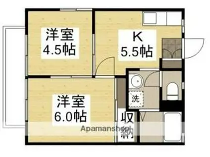JR山陽本線 倉敷駅 徒歩23分 2階建 築36年(2K/1階)の間取り写真