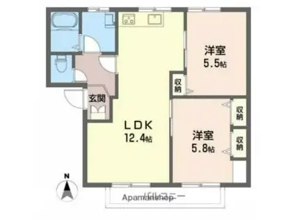 カルテット北斉院 A棟(2LDK/2階)の間取り写真