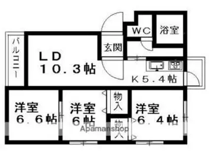 愛媛県松山市 3階建 築21年(3LDK/2階)の間取り写真