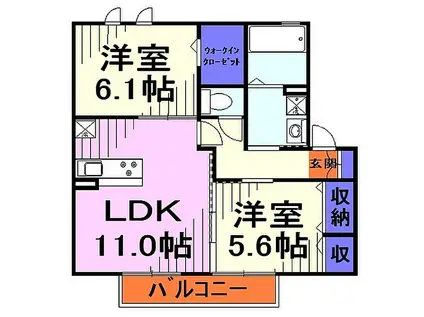 ラフレ仲道 D(2LDK/1階)の間取り写真