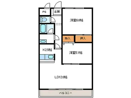 オアシス中山II(2LDK/2階)の間取り写真