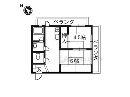 叡山電鉄叡山本線 元田中駅 徒歩25分 5階建 築55年(2K/4階)の間取り写真