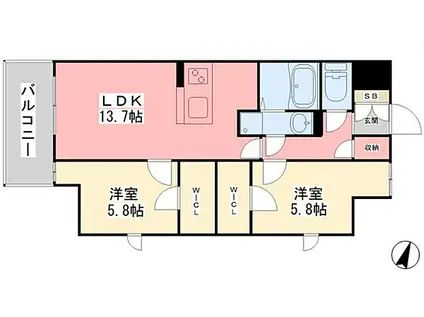 ルミナス勝山東(2LDK/14階)の間取り写真