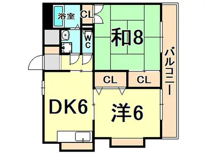 JR福知山線 北伊丹駅 徒歩15分 5階建 築36年(2DK/5階)の間取り写真
