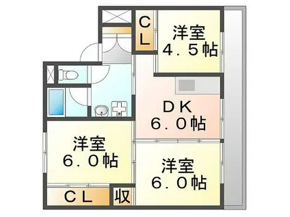 JR福塩線 備後三川駅 徒歩90分 5階建 築32年(3DK/3階)の間取り写真