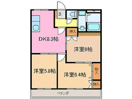 近鉄名古屋線 伊勢中川駅 徒歩9分 2階建 築23年(3DK/2階)の間取り写真