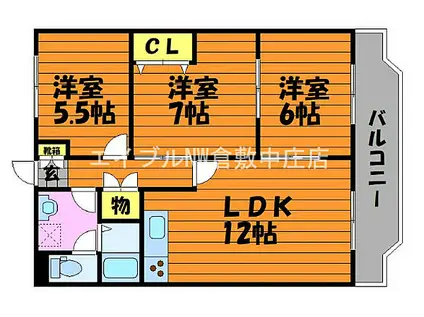 JR山陽本線 倉敷駅 徒歩27分 4階建 築34年(3LDK/1階)の間取り写真